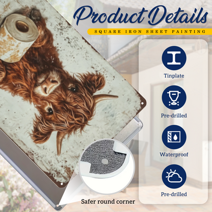 Fluffy Highland Cow With Toilet Paper Rustic Bathroom Tin Sign