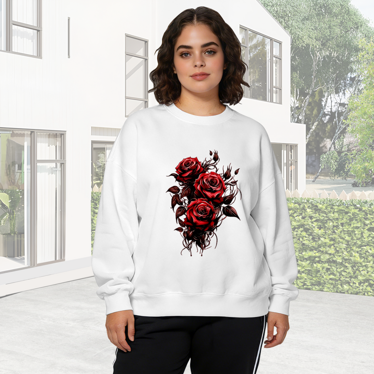 Bold Vintage Red Thorn Rose Art Crewneck Sweatshirt