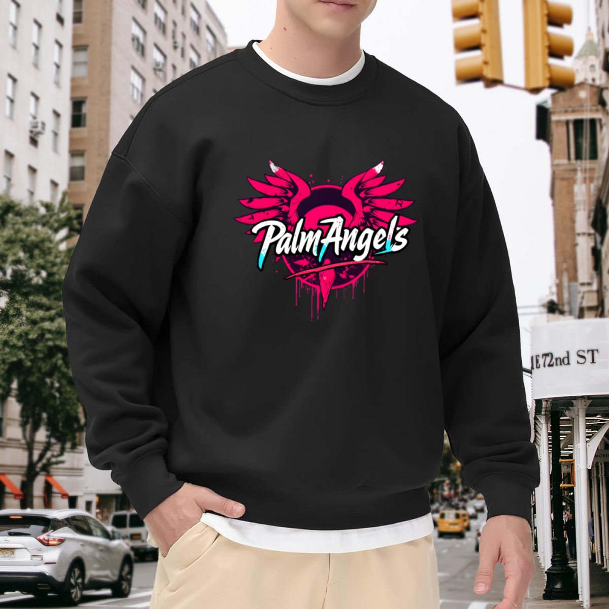 Palm Angels Pink Wings Graffiti Street Art Crewneck Sweatshirt