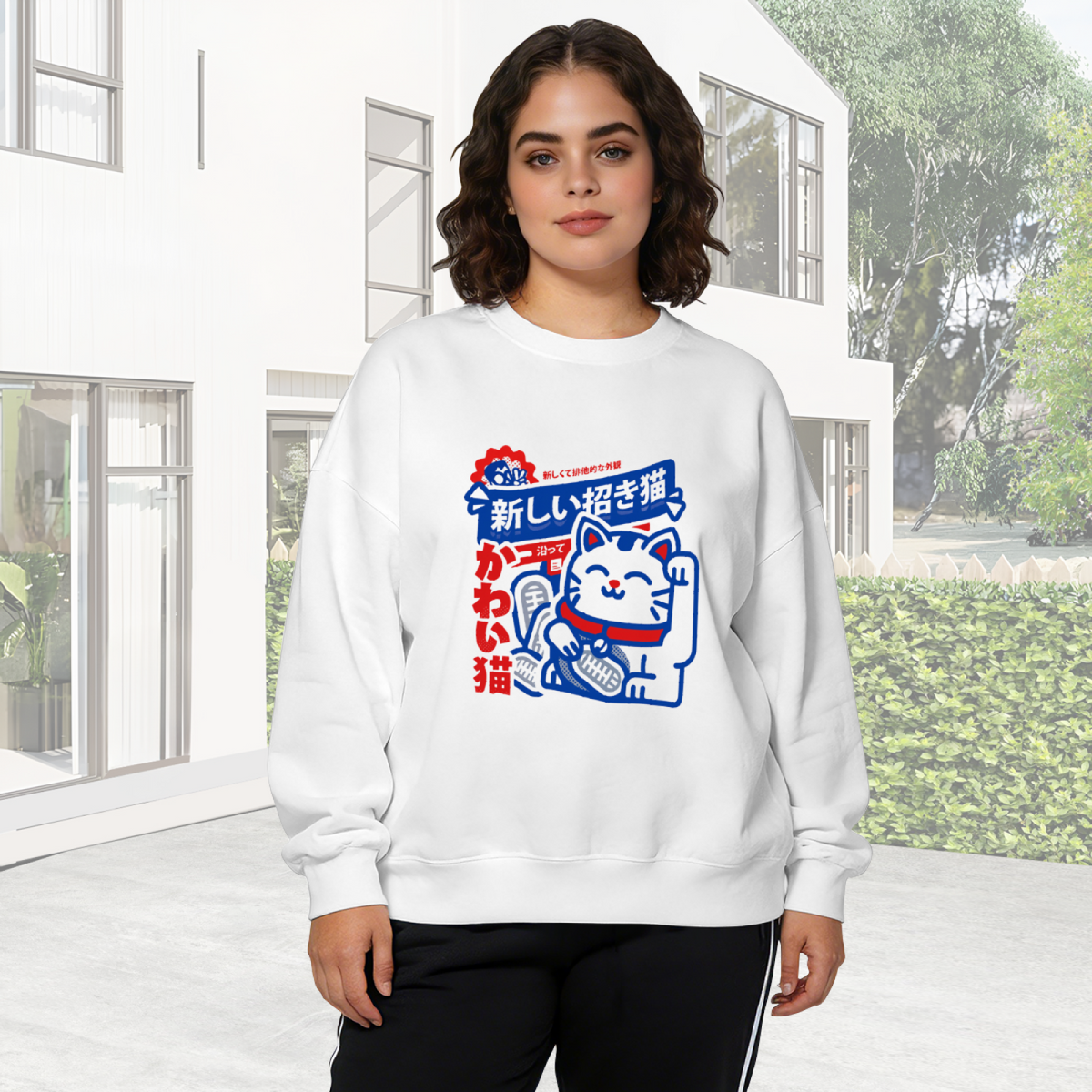 Japanese Lucky Cat Art Print Crewneck Sweatshirt