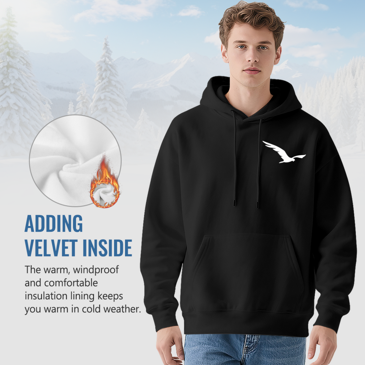 Minimal Flying Eagle Small Chest Print Casual Hoodie