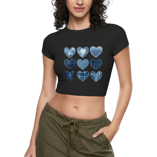 Vintage Denim Patchwork Hearts Black Crop Top