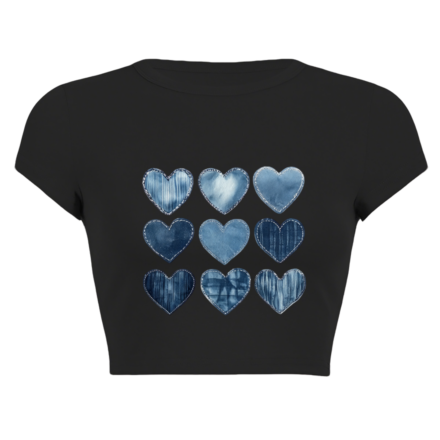 Vintage Denim Patchwork Hearts Black Crop Top