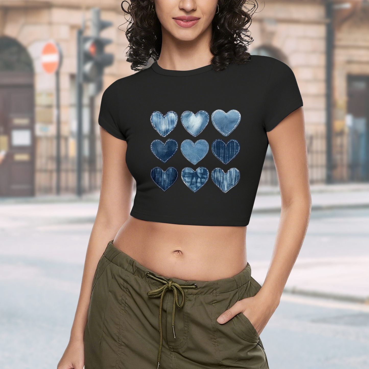 Vintage Denim Patchwork Hearts Black Crop Top