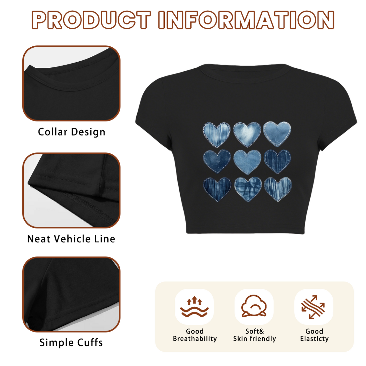 Vintage Denim Patchwork Hearts Black Crop Top