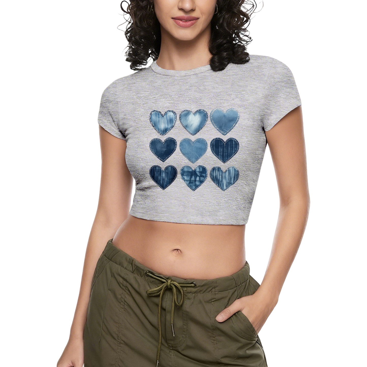 Vintage Denim Patchwork Hearts Black Crop Top