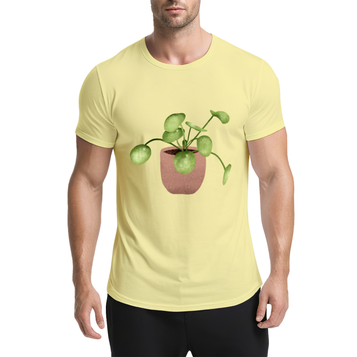 Watercolor Pilea Plant Beige T-Shirt, Cottagecore Fresh Healing Minimal Tee