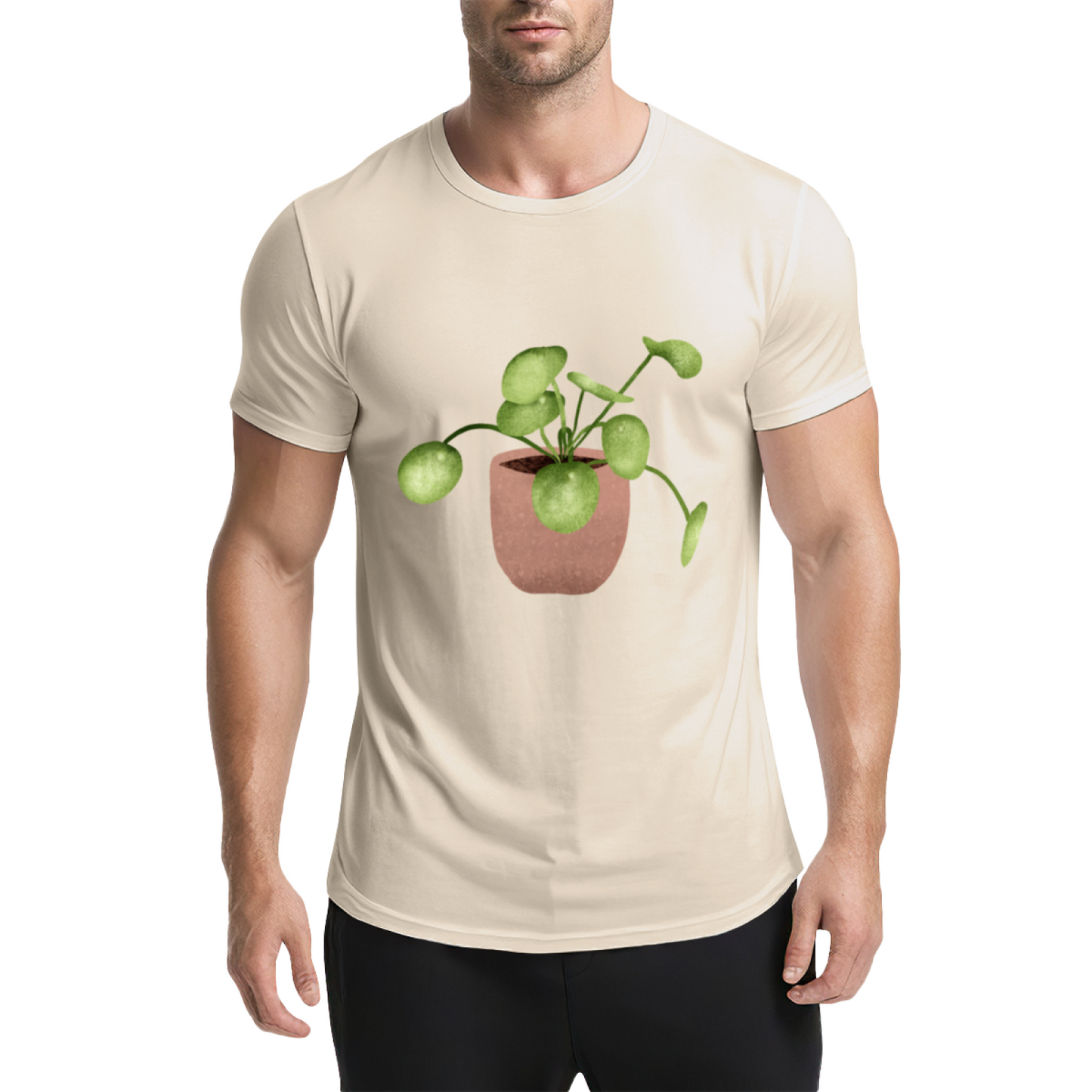 Watercolor Pilea Plant Beige T-Shirt, Cottagecore Fresh Healing Minimal Tee