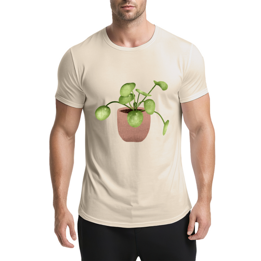 Watercolor Pilea Plant Beige T-Shirt, Cottagecore Fresh Healing Minimal Tee