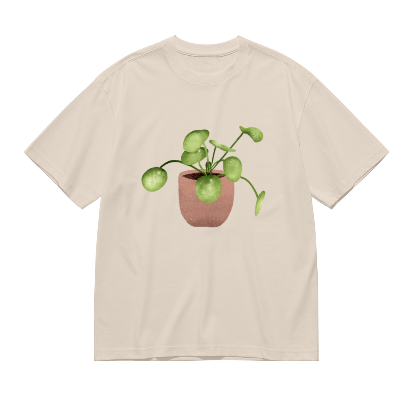 Watercolor Pilea Plant Beige T-Shirt, Cottagecore Fresh Healing Minimal Tee