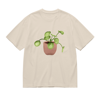 Watercolor Pilea Plant Beige T-Shirt, Cottagecore Fresh Healing Minimal Tee