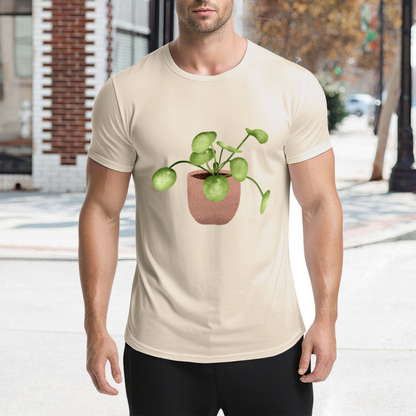 Watercolor Pilea Plant Beige T-Shirt, Cottagecore Fresh Healing Minimal Tee