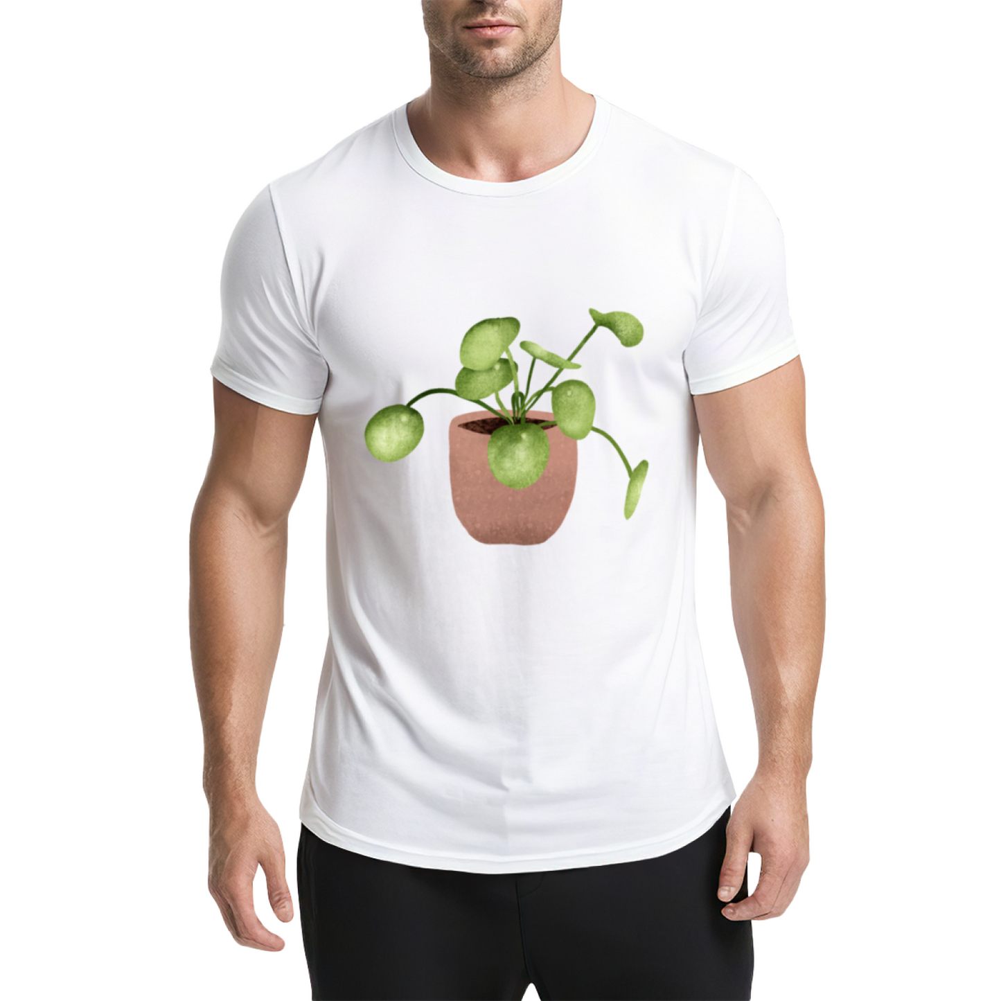 Watercolor Pilea Plant Beige T-Shirt, Cottagecore Fresh Healing Minimal Tee