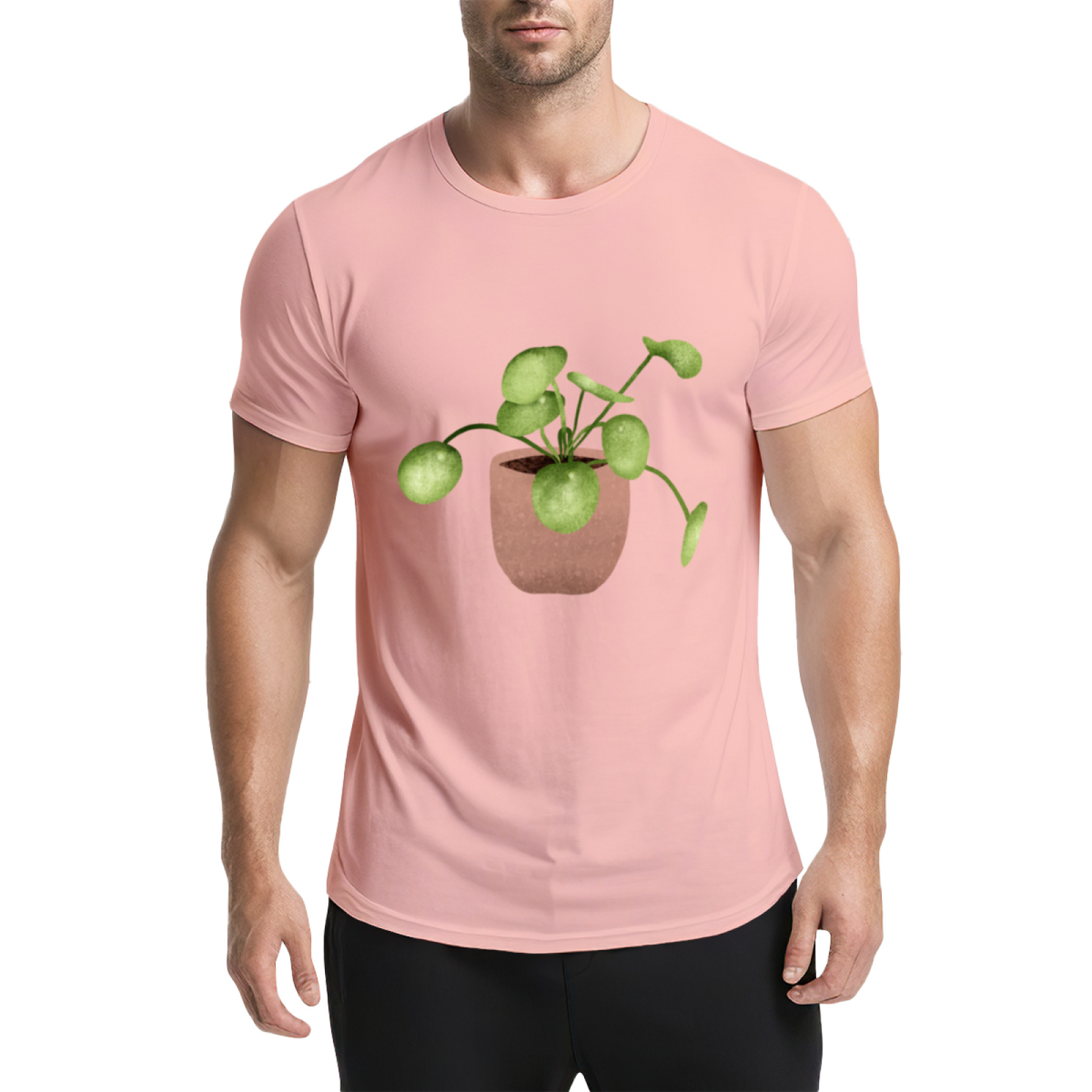 Watercolor Pilea Plant Beige T-Shirt, Cottagecore Fresh Healing Minimal Tee