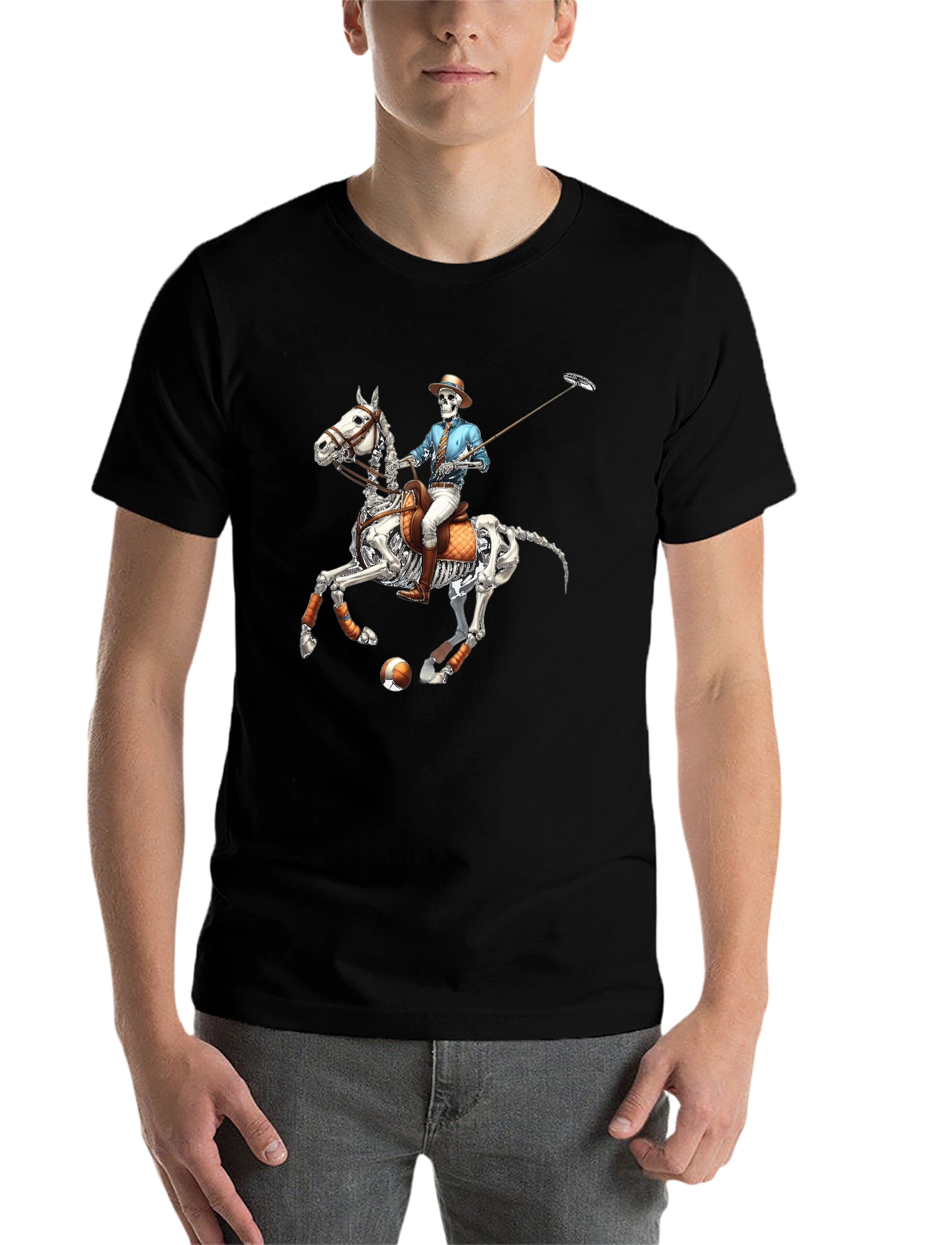Skeleton Polo Player Graphic Tee - Unique Halloween Shirt