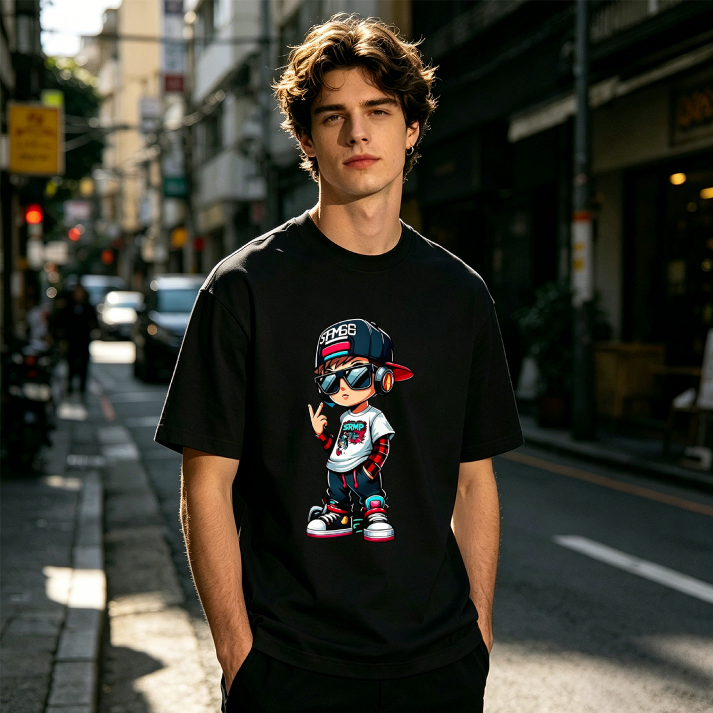 Men's Cool Hip Hop Cartoon Boy Streetwear Graphic Crew Neck T-Shirt