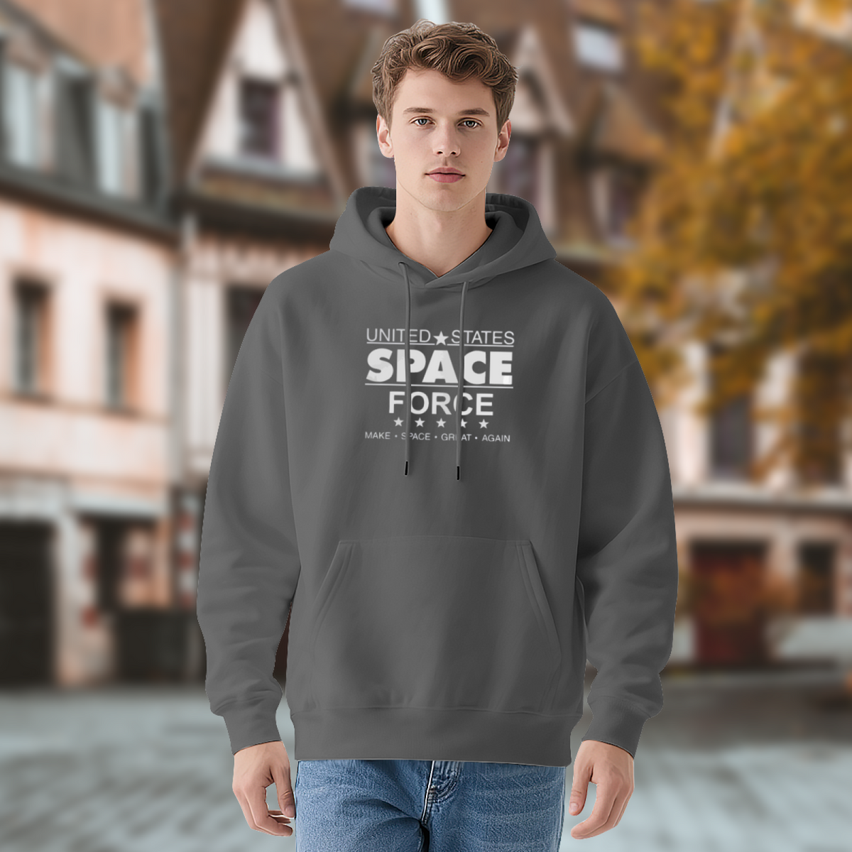 US Space Force Text Grey Hoodie, Warm Patriotic Comfort Casual Pullover