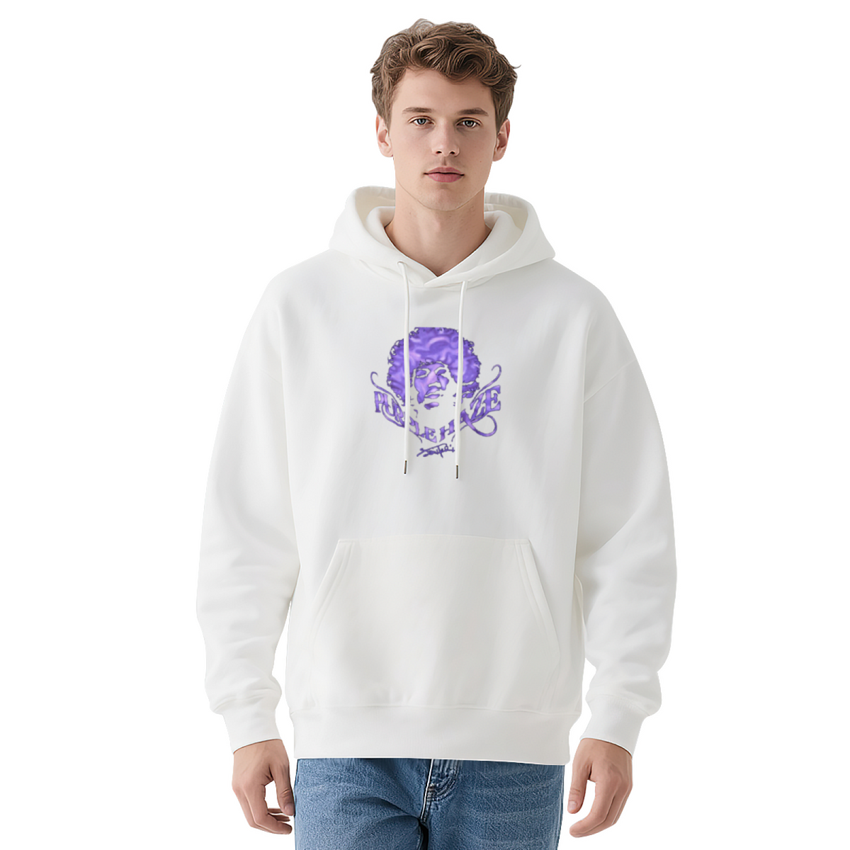 Purple Vintage Portrait White Hoodie, Retro Art Graphic All-Day Comfort Hoodie