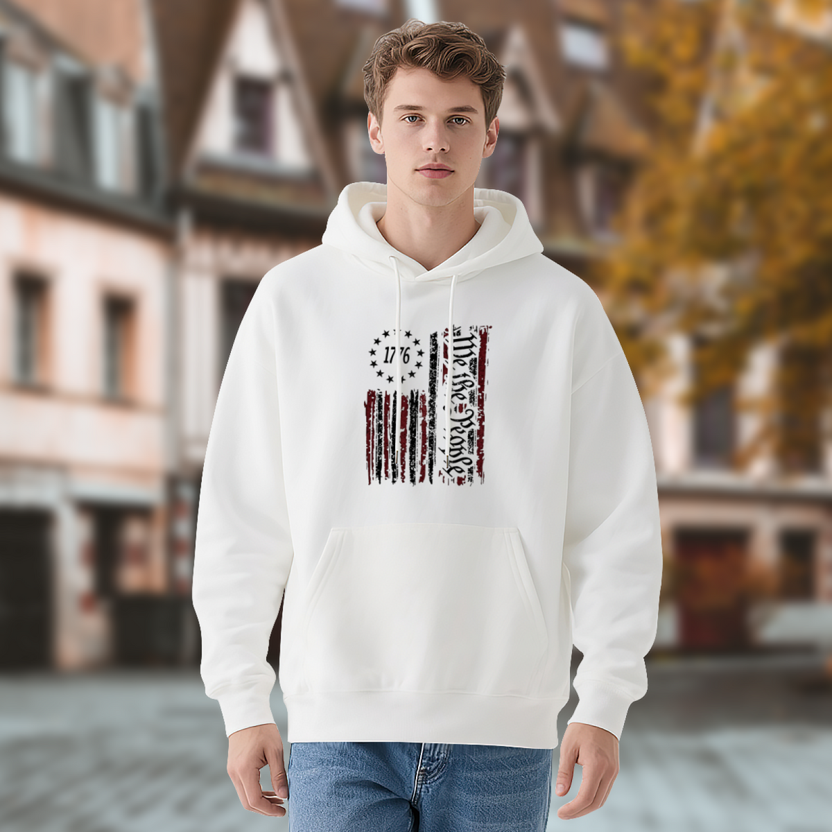 Vintage 1776 American Flag Graphic White Hoodie