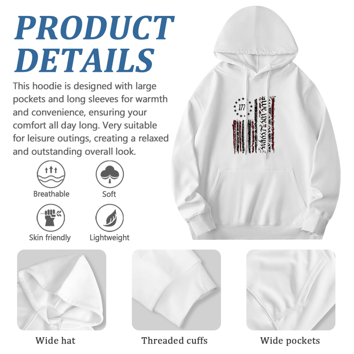 Vintage 1776 American Flag Graphic White Hoodie