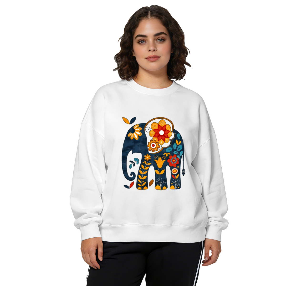 Folk Art Floral Elephant Vintage Pattern Crewneck Sweatshirt