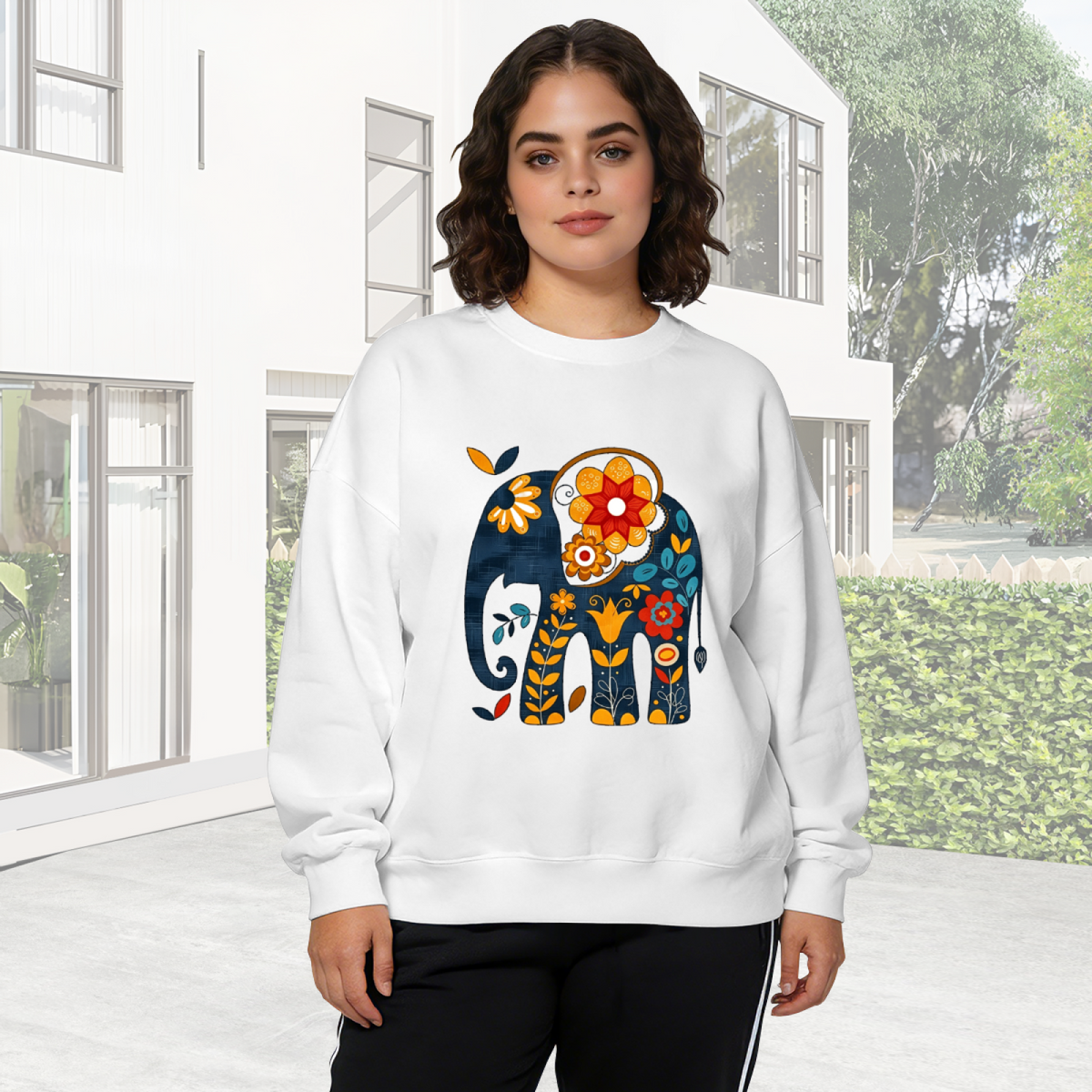 Folk Art Floral Elephant Vintage Pattern Crewneck Sweatshirt