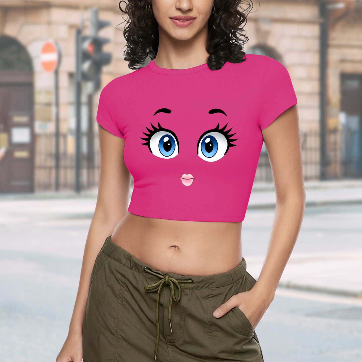 Big Cute Cartoon Eyes Hot Pink Y2K Crop Top