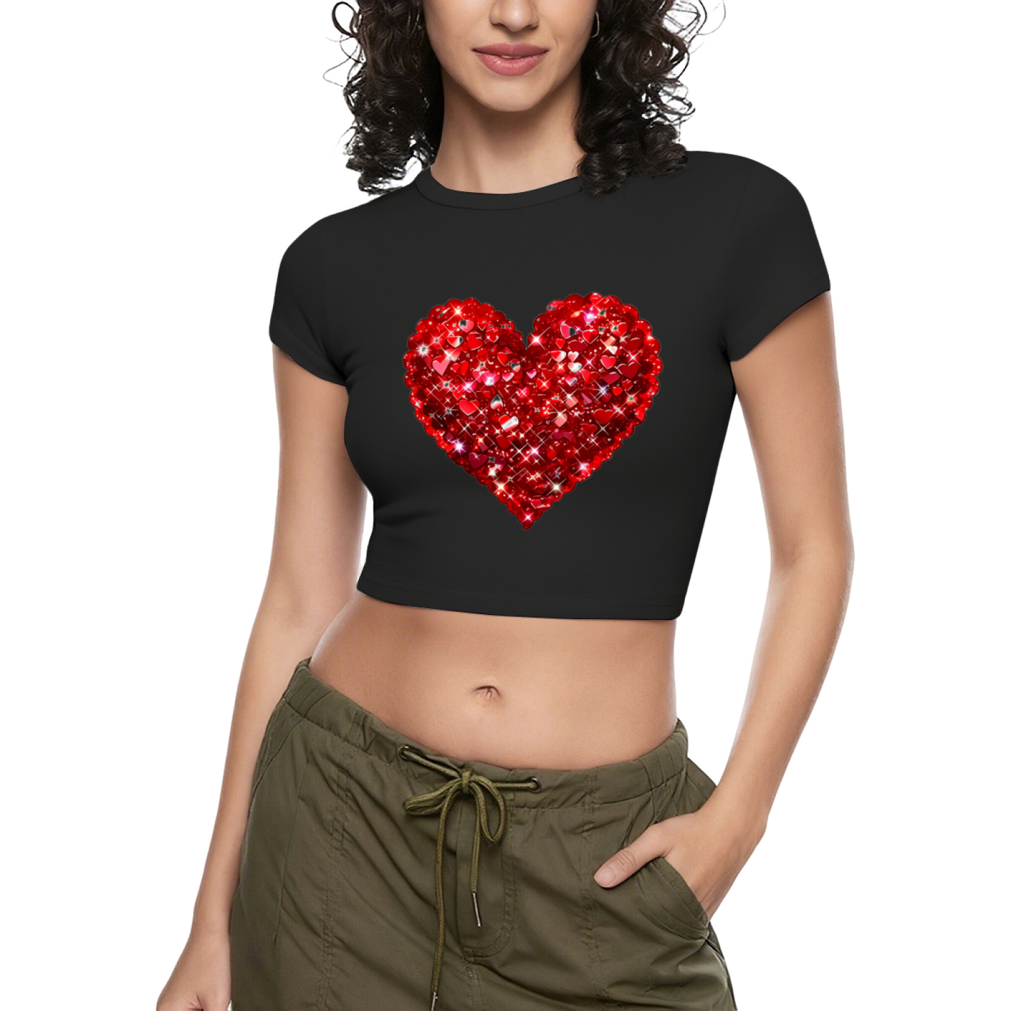 Shiny Rhinestone Red Heart Bright Red Crop Tee ¨C Romantic Date Night Top 10.
