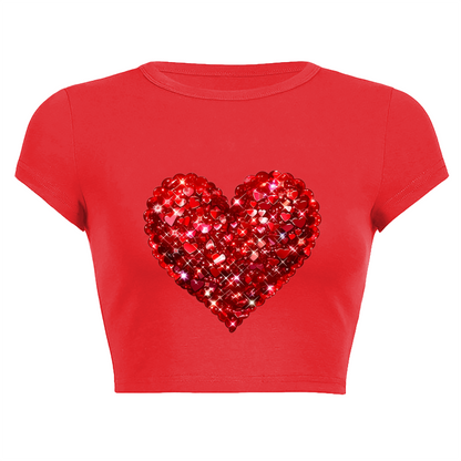 Shiny Rhinestone Red Heart Bright Red Crop Tee ¨C Romantic Date Night Top 10.
