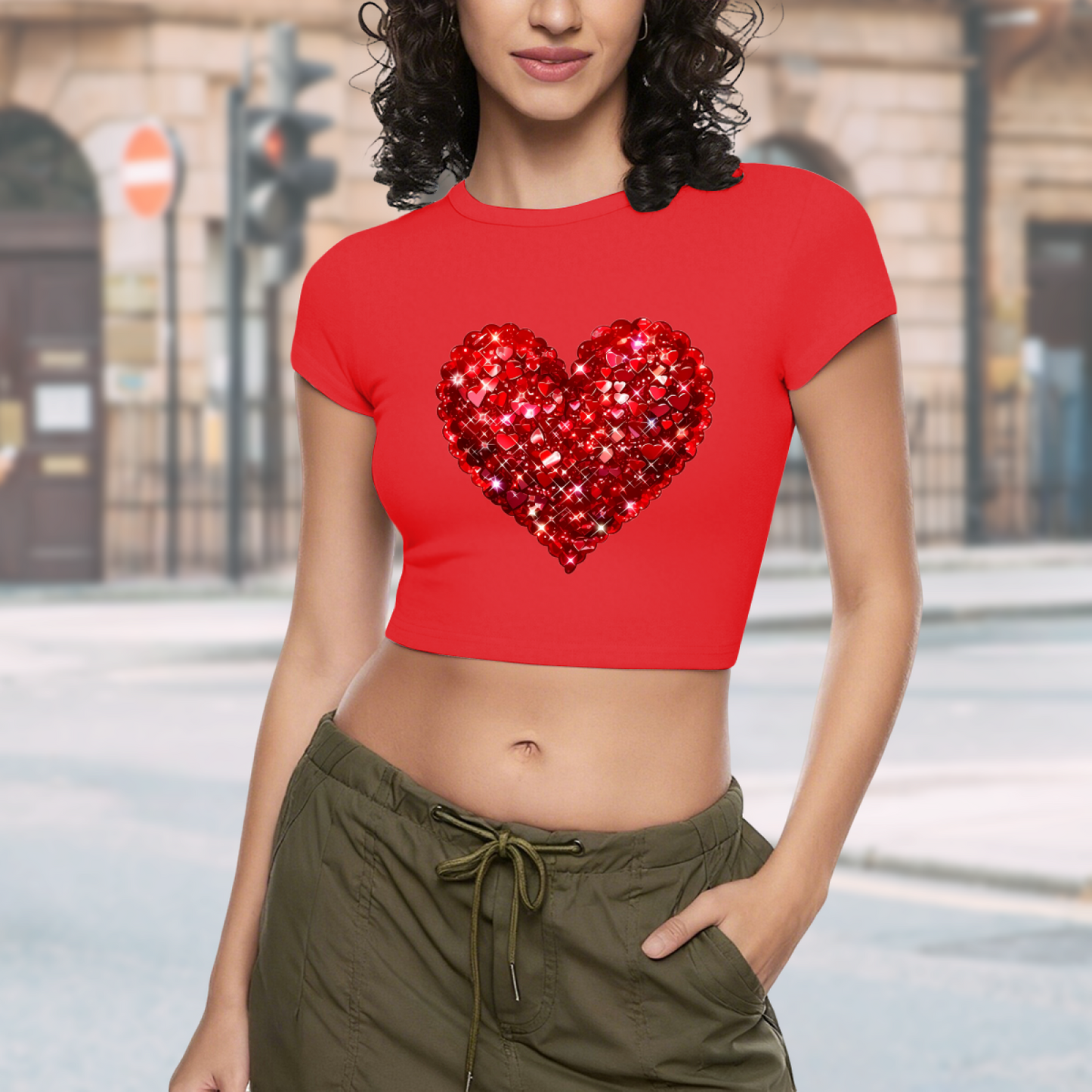 Shiny Rhinestone Red Heart Bright Red Crop Tee ¨C Romantic Date Night Top 10.