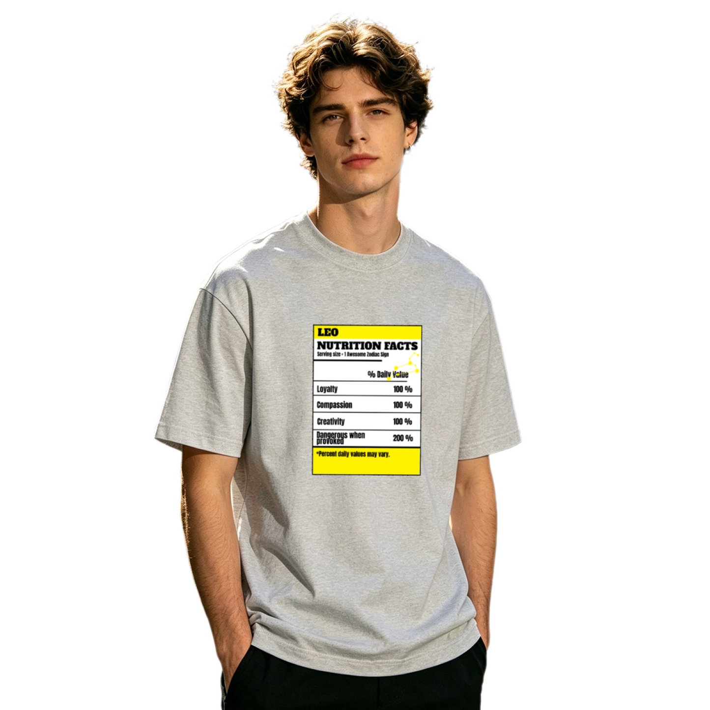 Leo Zodiac Nutrition Facts Funny Astrology Graphic T-Shirt