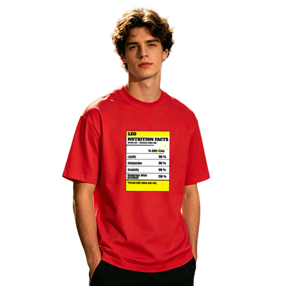 Leo Zodiac Nutrition Facts Funny Astrology Graphic T-Shirt