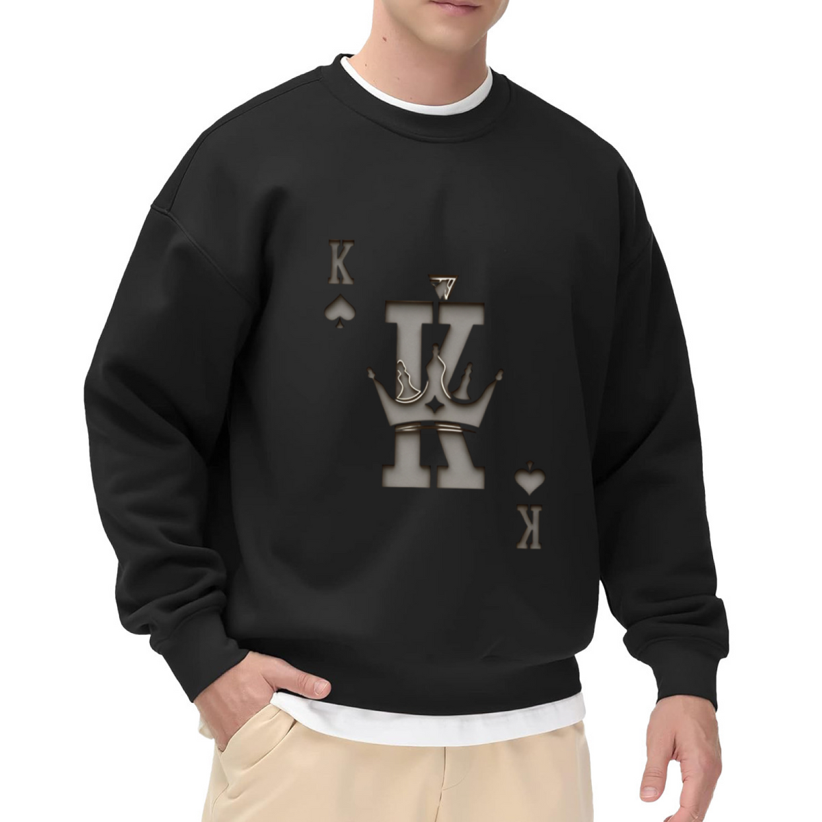 3D Embossed King Of Spades White Crewneck Sweatshirt