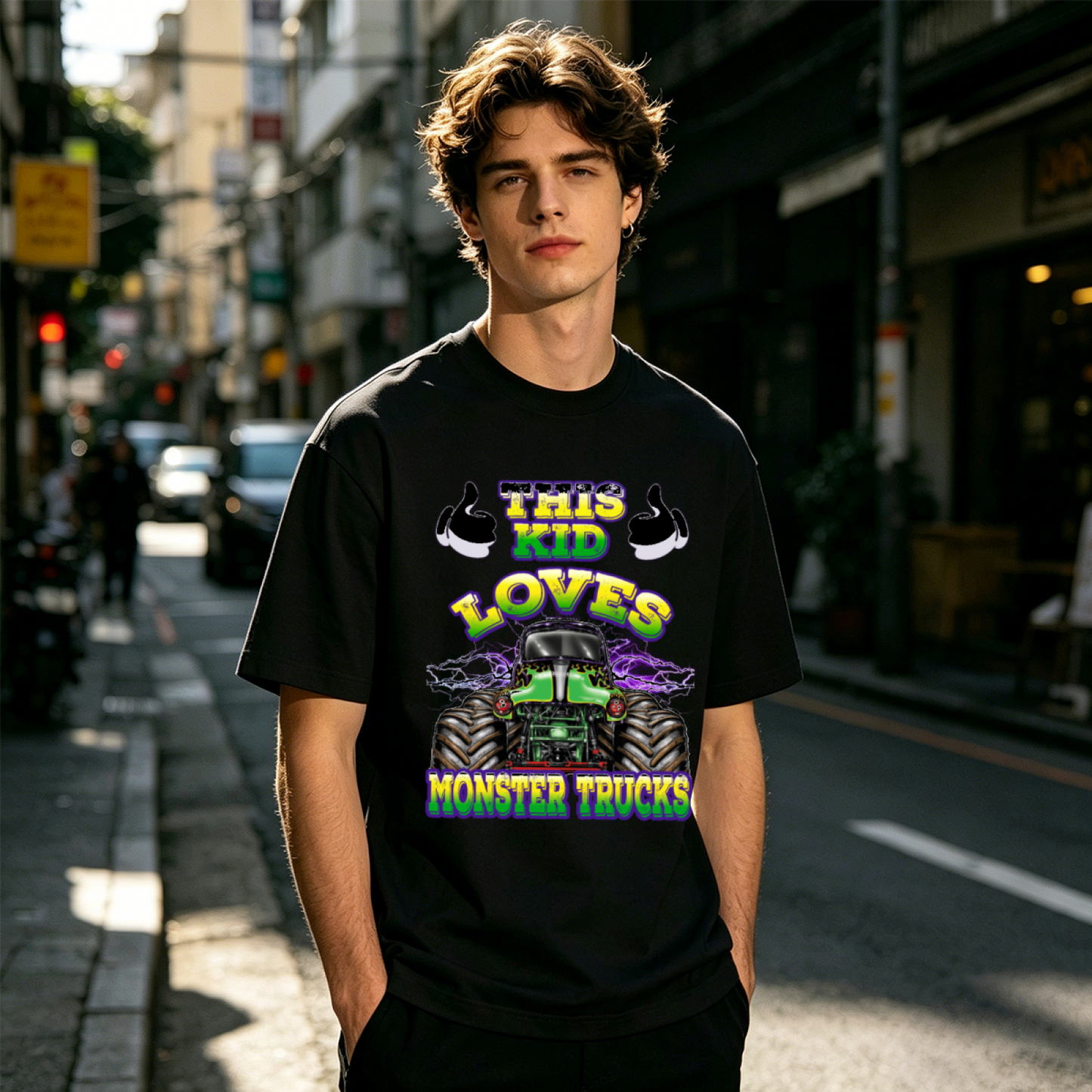 This Kid Loves Monster Trucks Retro Racing Graphic T-Shirt