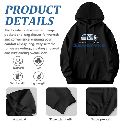 Seattle Seahawks Sport Logo Black Hoodie, Men Athletic Warm Casual Hooded Sweatshirt