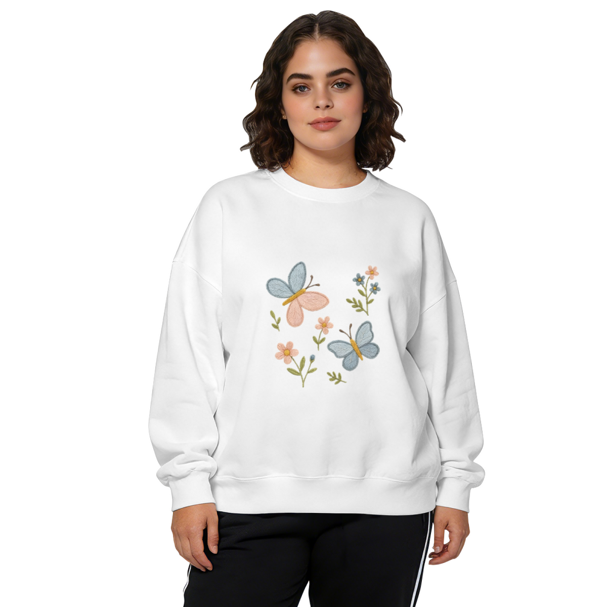 Soft Embroidery?Style Butterfly & Wildflower Crewneck Sweatshirt
