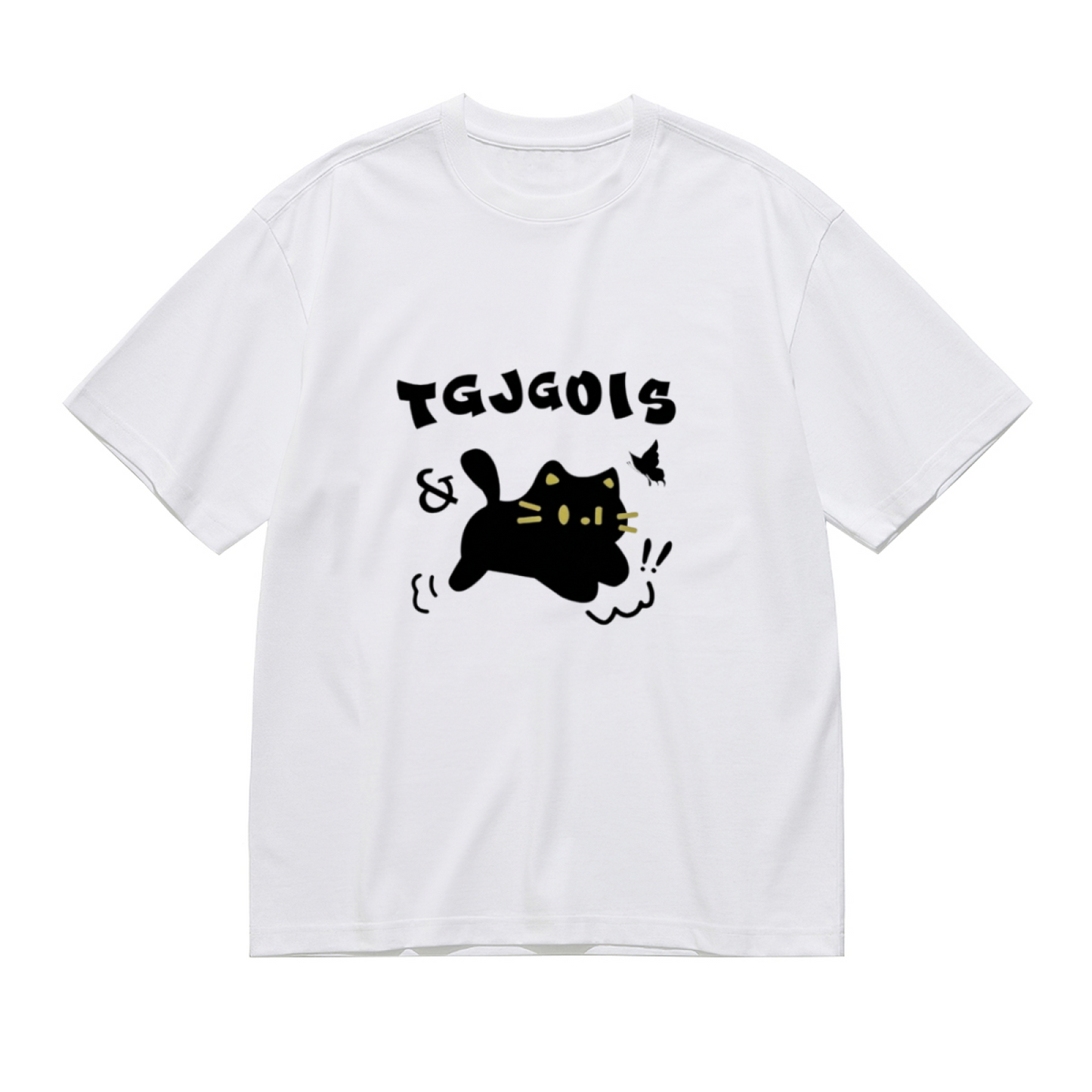 Playful Floppy Black Cat Chasing Butterfly Cute Cartoon Graphic Tee
