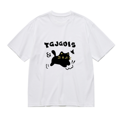 Playful Floppy Black Cat Chasing Butterfly Cute Cartoon Graphic Tee