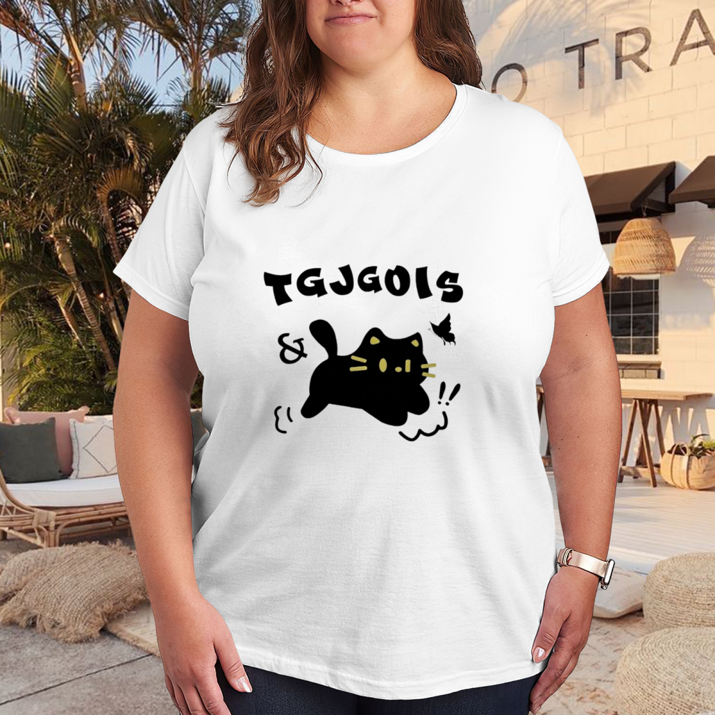 Playful Floppy Black Cat Chasing Butterfly Cute Cartoon Graphic Tee