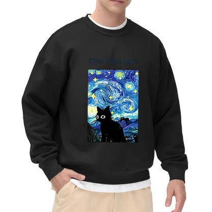 Van Gogh Starry Night Cute Black Cat Art Crewneck