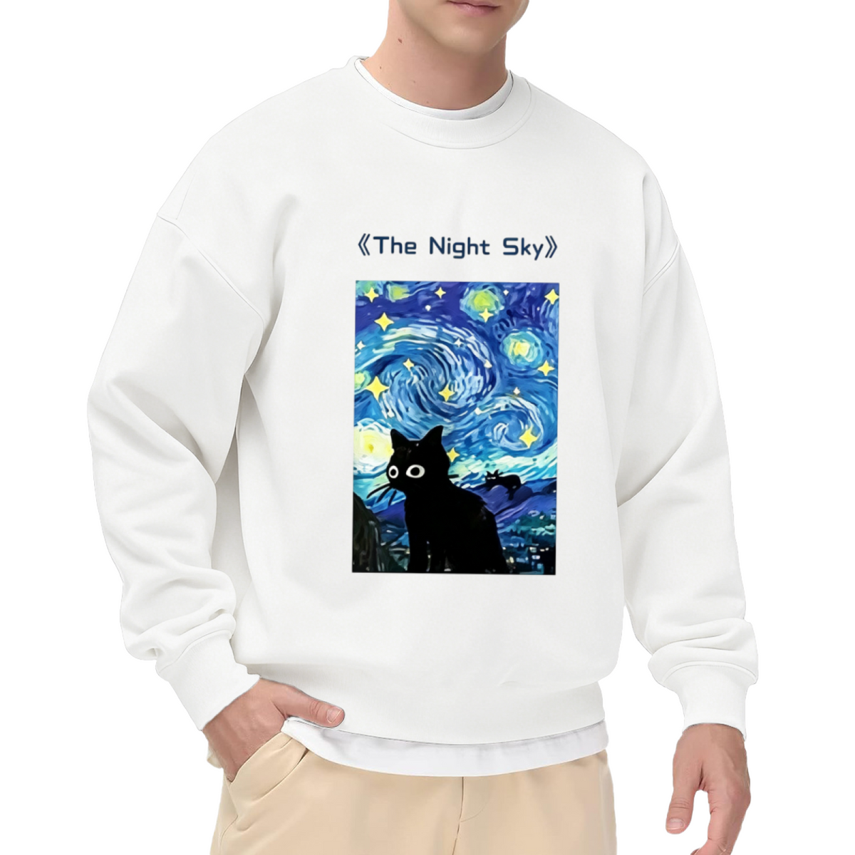 Van Gogh Starry Night Cute Black Cat Art Crewneck