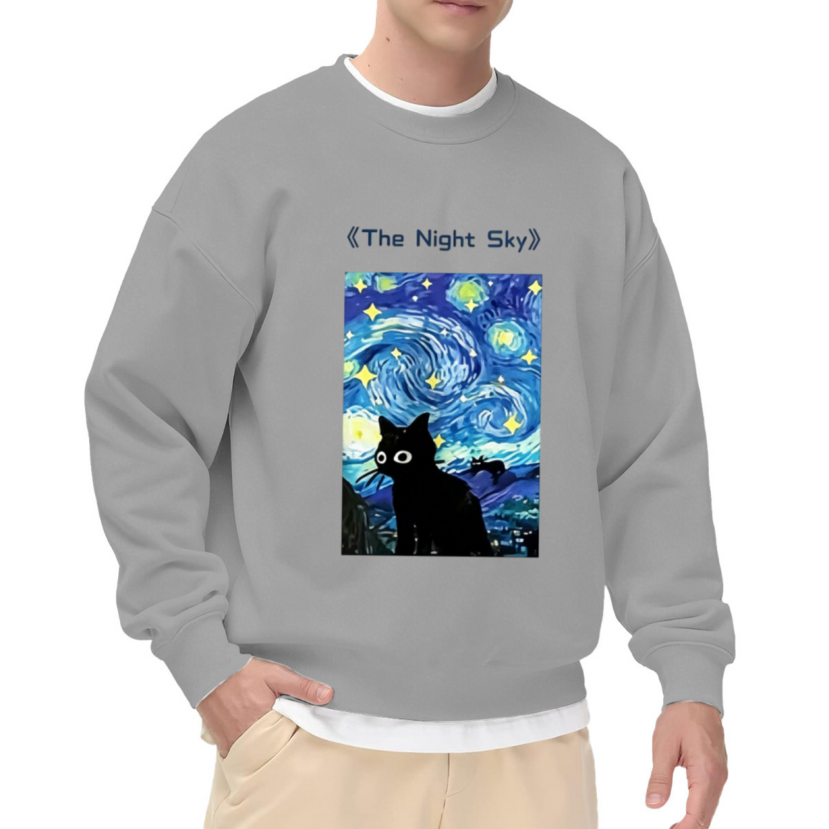 Van Gogh Starry Night Cute Black Cat Art Crewneck