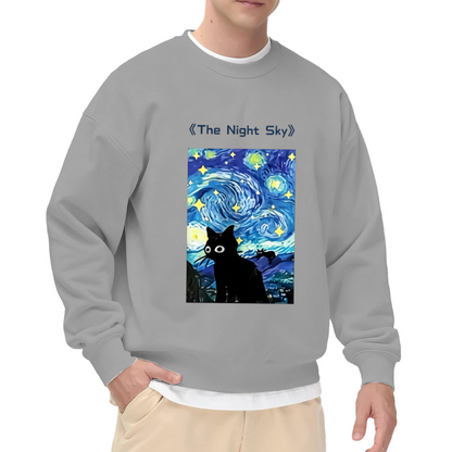 Van Gogh Starry Night Cute Black Cat Art Crewneck