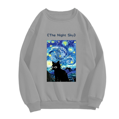 Van Gogh Starry Night Cute Black Cat Art Crewneck