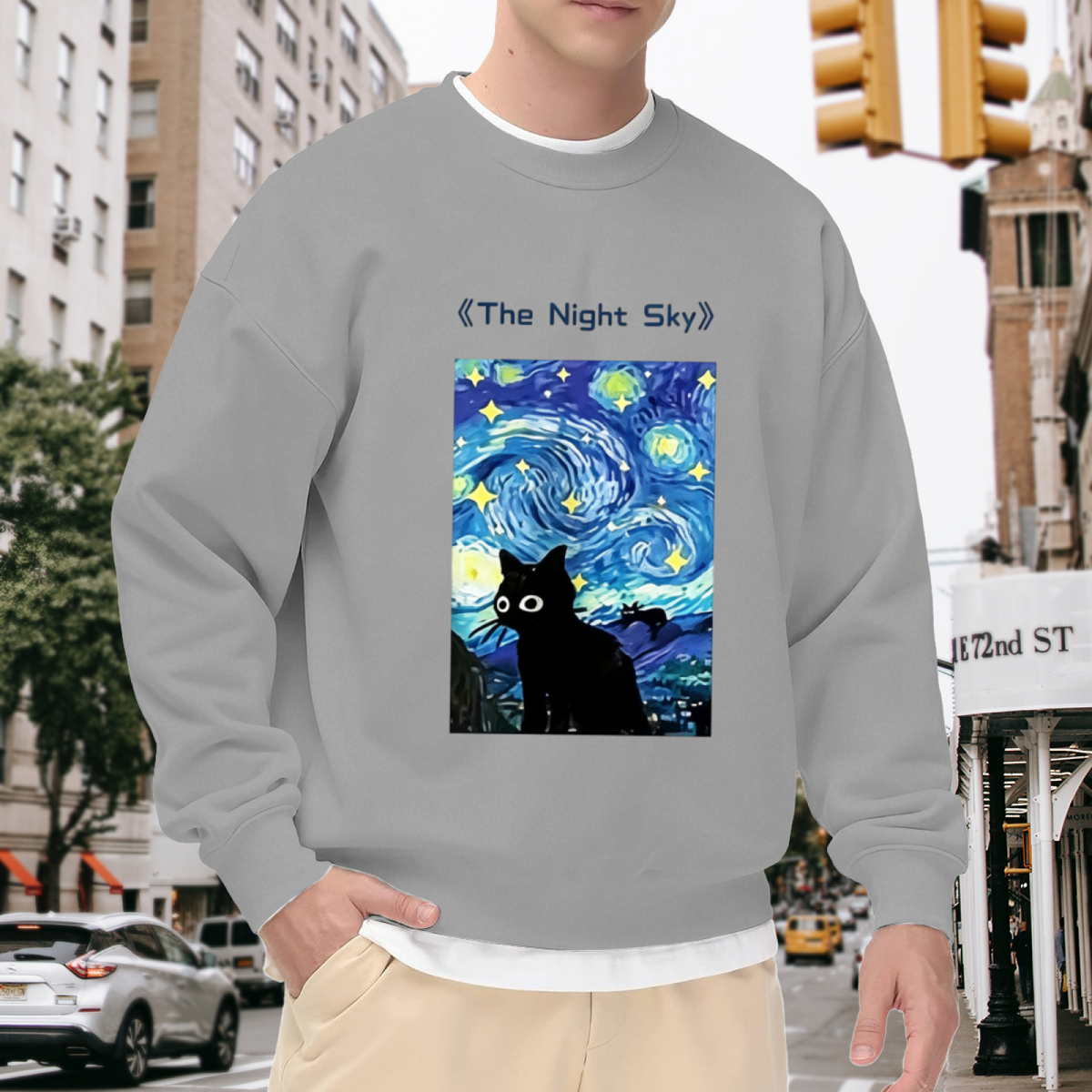 Van Gogh Starry Night Cute Black Cat Art Crewneck