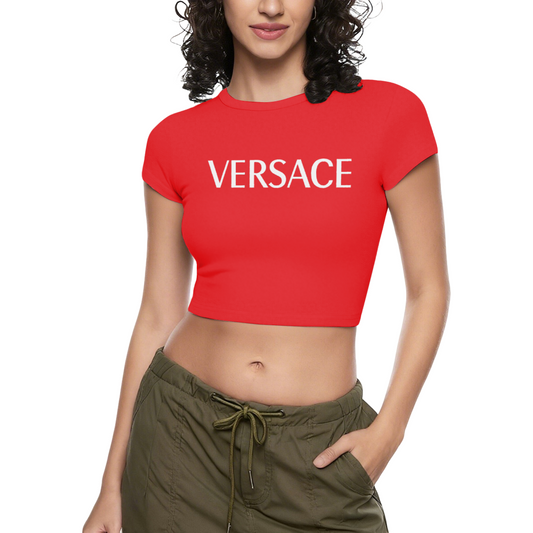 Classic Versace Bold Letter Red Crop Top ¨C Luxury Minimal Slim Fit Tee