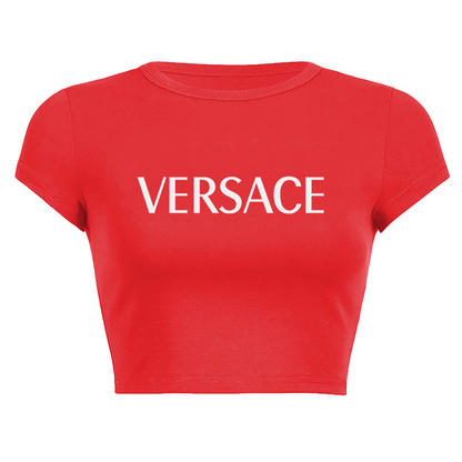 Classic Versace Bold Letter Red Crop Top ¨C Luxury Minimal Slim Fit Tee
