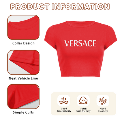 Classic Versace Bold Letter Red Crop Top ¨C Luxury Minimal Slim Fit Tee
