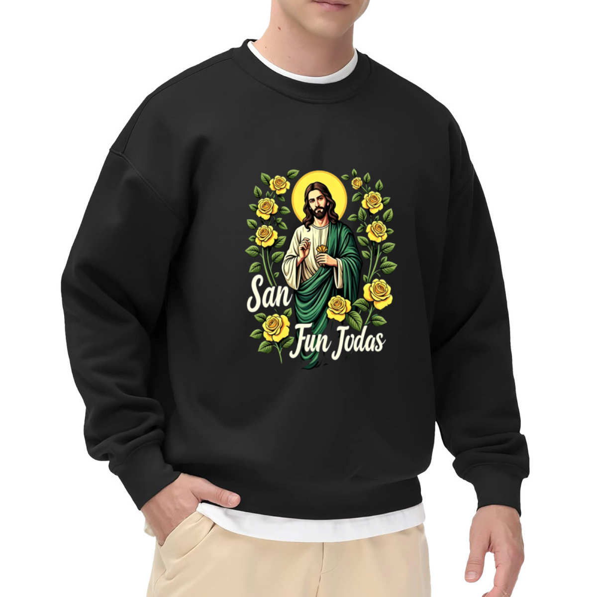 San Judas Tadeo Yellow Roses Religious Graphic Black Crewneck Sweatshirt