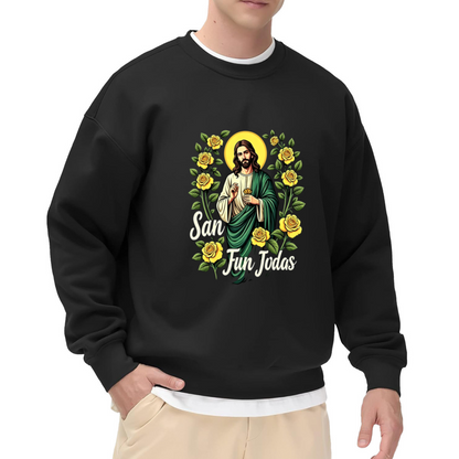 San Judas Tadeo Yellow Roses Religious Graphic Black Crewneck Sweatshirt